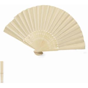 A bamboo hand fan, featuring a natural beige colour with intricate cut-out designs, folded open and displayed.
