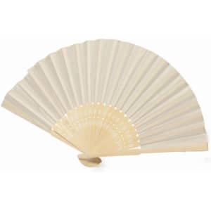 A bamboo hand fan in natural beige with intricate cut-out patterns and a curved handle.