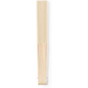 A bamboo hand fan in a natural beige colour, featuring slender slats and a simple design with a logo.