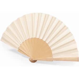 A wooden hand fan with a cream-coloured fabric surface and natural wooden frame, featuring a simple design.