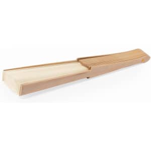 A wooden hand fan with a natural wood finish, featuring a simple design and smooth edges, open and fanned out.