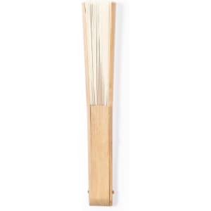 A wooden hand fan featuring a natural wood finish and white fabric pleats, designed for portability.