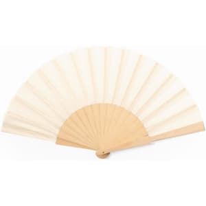 A wood hand fan with a light beige fabric body and natural wood frame, featuring a simple design and a logo.