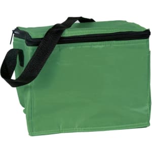 A green cooler bag with a zippered top and an adjustable strap, featuring a simple design and a logo.