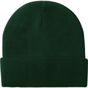 Acrylic rollup beanie hat in dark green, featuring a simple design and a folded brim.