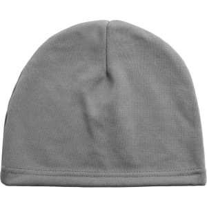 A grey fleece beanie hat with a seamless design, featuring a plain style and no visible branding.