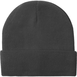 Acrylic rollup beanie hat in a solid dark grey colour with a simple design and a logo.
