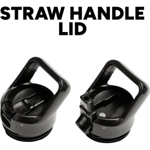 A drink bottle with two black straw handle lids positioned side by side, showcasing different designs.