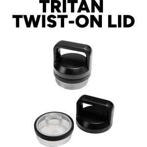 A drink bottle featuring a Tritan twist-on lid in black with a handle and a clear base. Includes interchangeable lid options.