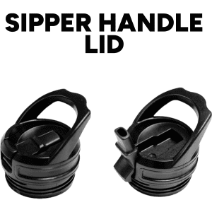 A drink bottle features two black sipper handle lids, showcasing their design and functionality.