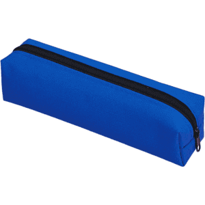 A blue polyester pencil case with a zip closure and a rectangular shape, featuring a simple design.