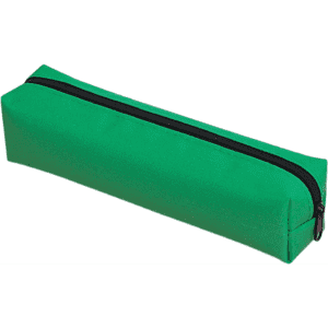 A green polyester pencil case with a zip closure, featuring a simple design. It has a branding logo.