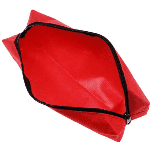 A red polyester pencil case with a black zipper, featuring a spacious, open interior.