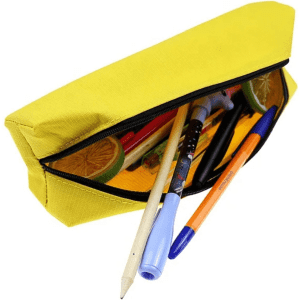 A yellow pencil case with a zip opening, containing various pens and pencils inside. It has a logo on the exterior.