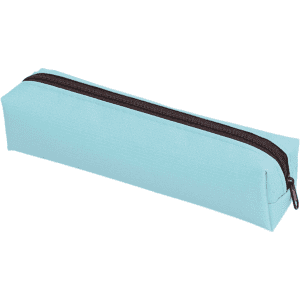A light blue polyester pencil case with a brown zipper, featuring a simple, elongated design.