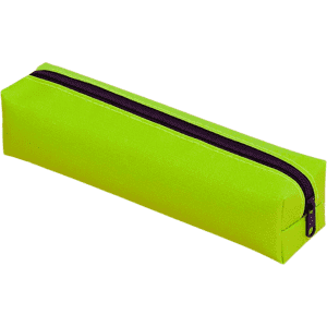A bright green polyester pencil case with a dark purple zipper. It features a simple rectangular design.