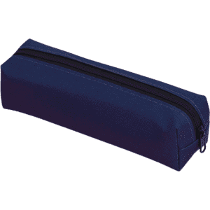 A navy polyester pencil case with a zip closure and a rectangular shape. It features a logo.