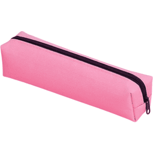 A pink polyester pencil case with a dark zip, featuring a rectangular shape. It has a simple design and no visible branding.