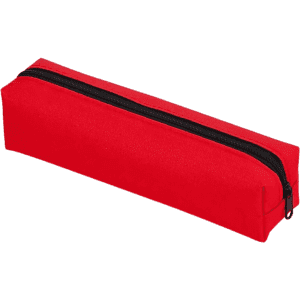 A red polyester pencil case with a black zip closure, featuring a sleek and simple design.