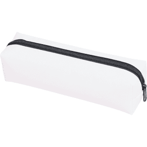A white polyester pencil case with a black zip closure and a simple design. It features a small logo.