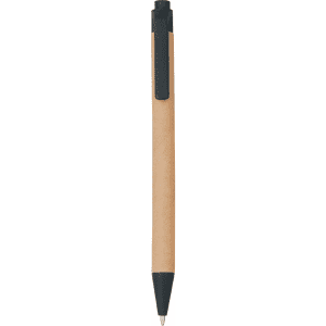 A recycled cardboard pen in natural brown with a black push-action top and clip, featuring a logo.