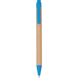 A recycled cardboard pen featuring a blue plastic push-action top and tip, with a simple design.