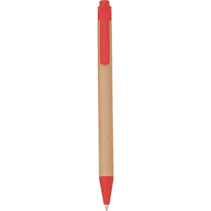 A recycled cardboard pen with a red clip and tip, featuring a logo on the barrel.