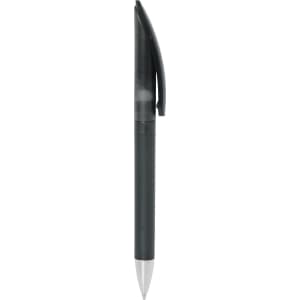 A frosted black twist-action plastic pen with a clip and silver tip. It features a logo on the barrel.