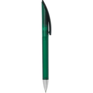 A green frosted plastic pen with a twist-action mechanism and a black clip. It features a logo on its body.