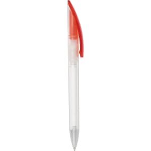 A clear plastic pen with a red twist-action mechanism and a red clip. It features a logo on the barrel.