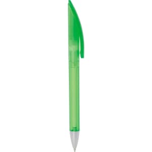 A frosted green twist-action plastic pen with a clip and a transparent body. It features a branding logo.