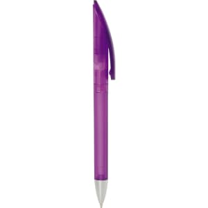 A purple frosted twist-action plastic pen, featuring a clip and a white point. It has a logo on the barrel.