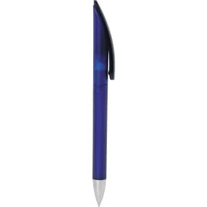 A twist-action plastic pen in a vibrant blue colour with a black clip and a logo.