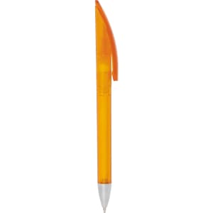 A frosted orange twist-action plastic pen with a clear barrel and silver tip, featuring a logo.