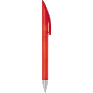 A red frosted twist-action plastic pen with a silver tip and clip, featuring a logo on the barrel.