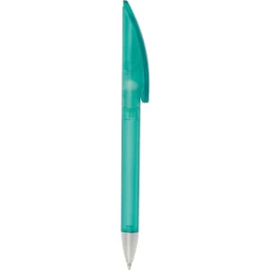 A twist-action plastic pen in a frosted turquoise colour with a translucent barrel and a silver tip.