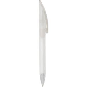 A frosted clear plastic pen with a twist-action mechanism and a clip on the side.