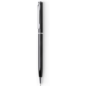 A glossy black aluminium twist-action pen with a silver accent and a clip, featuring a logo on the body.