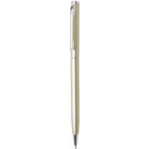 A glossy aluminium twist-action pen in a light gold colour with silver accents and a clip.