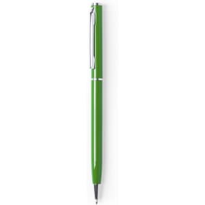 A glossy green aluminium twist-action pen with a silver clip and detailing, featuring a logo.