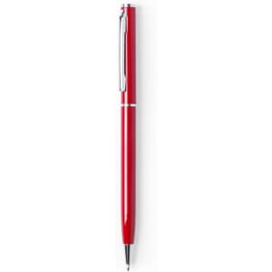 A glossy red twist-action pen with a silver clip and accents. It features branding on its surface.