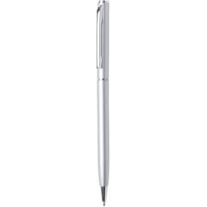 A glossy aluminium twist-action pen in silver, featuring a sleek design and a clip for easy attachment.