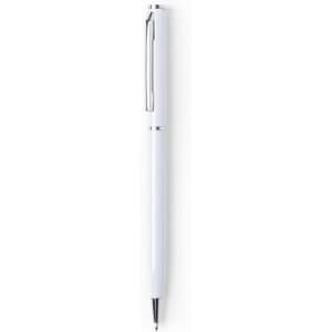 A white glossy aluminium twist-action pen with a silver clip and accents. It features a logo on the body.