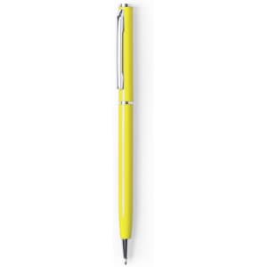 A glossy yellow aluminium twist-action pen with a silver clip and trim. Features branding.