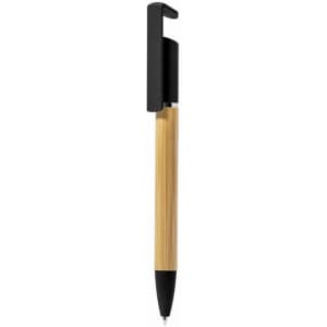A bamboo and wheat straw eco ball pen in natural and black colours, featuring a clip holder.