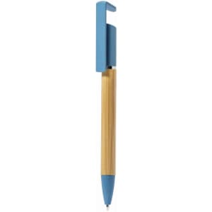 A bamboo and wheat straw eco ball pen in natural and blue, featuring a matching holder.