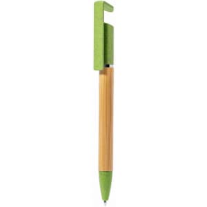 A bamboo and wheat straw eco ball pen in green and natural tones, featuring a matching holder.