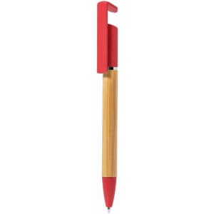 A bamboo and wheat straw eco ball pen with a red cap and tip, featuring a holder.