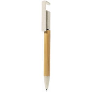 A bamboo and wheat straw eco ball pen with a beige cap and holder, featuring a sleek wooden body.