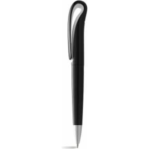 A black twist-action ballpoint pen with a styled clip and a white tip. It features a logo on the barrel.